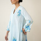 Cherry Blossom Embroidered Linen Cotton Kurta Set - Ocean Blue