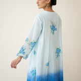 Cherry Blossom Embroidered Linen Cotton Kurta Set - Ocean Blue