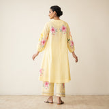 Jaba Hand Embroidered Festive Mulmul Cotton Kurta Set - Mango Yellow