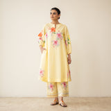 Jaba Hand Embroidered Festive Mulmul Cotton Kurta Set - Mango Yellow