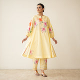 Jaba Hand Embroidered Festive Mulmul Cotton Kurta Set - Mango Yellow