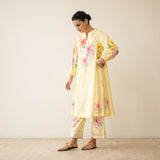 Jaba Hand Embroidered Festive Mulmul Cotton Kurta Set - Mango Yellow