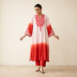 Sunset Embroidered Linen Cotton Kurta Set - True Red