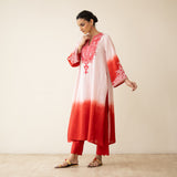 Sunset Embroidered Linen Cotton Kurta Set - True Red