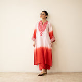 Sunset Embroidered Linen Cotton Kurta Set - True Red