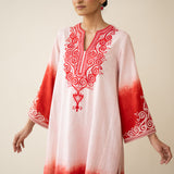 Sunset Embroidered Linen Cotton Kurta Set - True Red