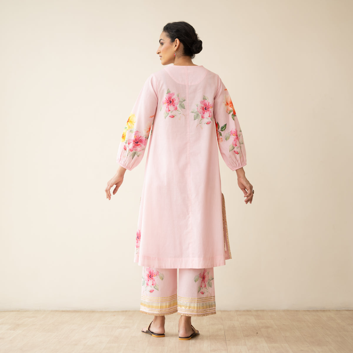 Jaba Hand Embroidered Festive Mulmul Cotton Kurta Set - Soft Pink