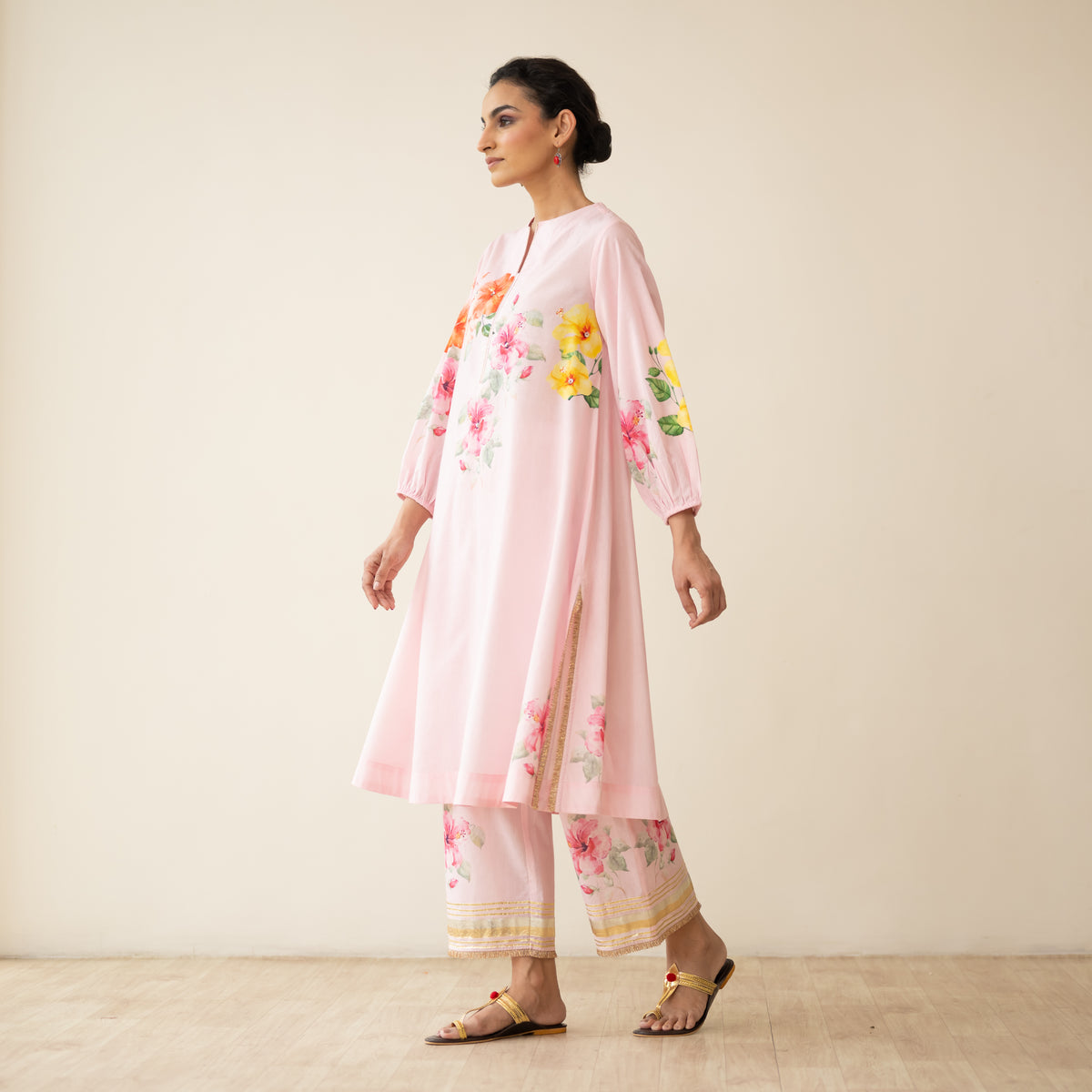 Jaba Hand Embroidered Festive Mulmul Cotton Kurta Set - Soft Pink