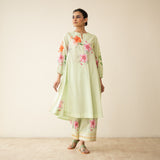 Jaba Hand Embroidered Festive Mulmul Cotton Kurta Set - Pista Green