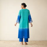 Sunset Embroidered Linen Cotton Kurta Set - Teal & Ocean Blue