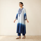 Sunset Embroidered Linen Cotton Kurta Set - Indigo