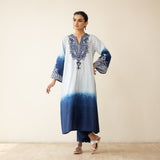 Sunset Embroidered Linen Cotton Kurta Set - Indigo