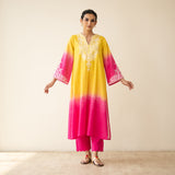 Sunset Embroidered Linen Cotton Kurta Set - Yellow & Pink