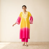 Sunset Embroidered Linen Cotton Kurta Set - Yellow & Pink