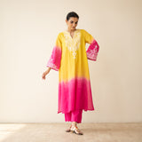 Sunset Embroidered Linen Cotton Kurta Set - Yellow & Pink