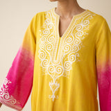 Sunset Embroidered Linen Cotton Kurta Set - Yellow & Pink
