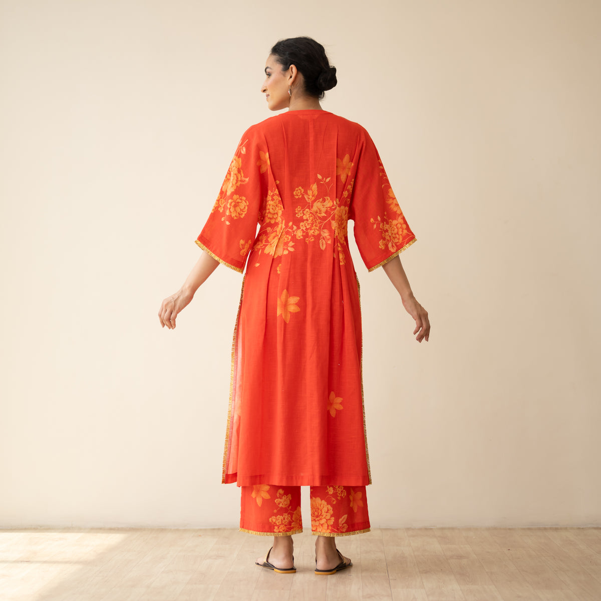 Sakura Hand Embroidered Festive Cotton Slub Kurta Set - True Red
