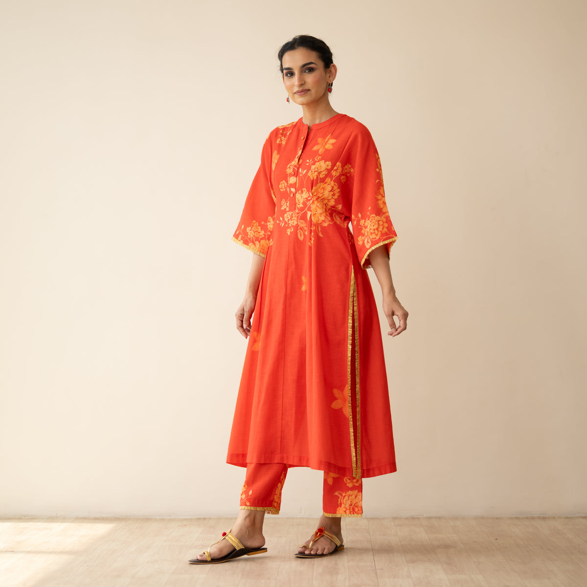 Sakura Hand Embroidered Festive Cotton Slub Kurta Set - True Red