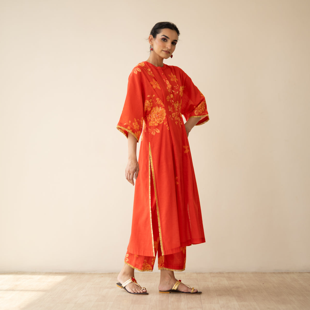 Sakura Hand Embroidered Festive Cotton Slub Kurta Set - True Red