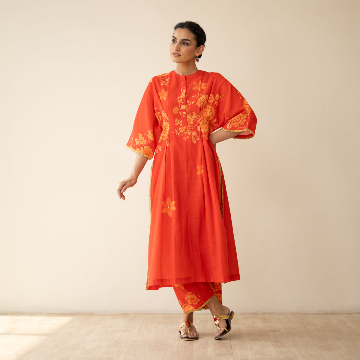 Sakura Hand Embroidered Festive Cotton Slub Kurta Set - True Red