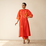 Sakura Hand Embroidered Festive Cotton Slub Kurta Set - True Red