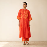 Sakura Hand Embroidered Festive Cotton Slub Kurta Set - True Red