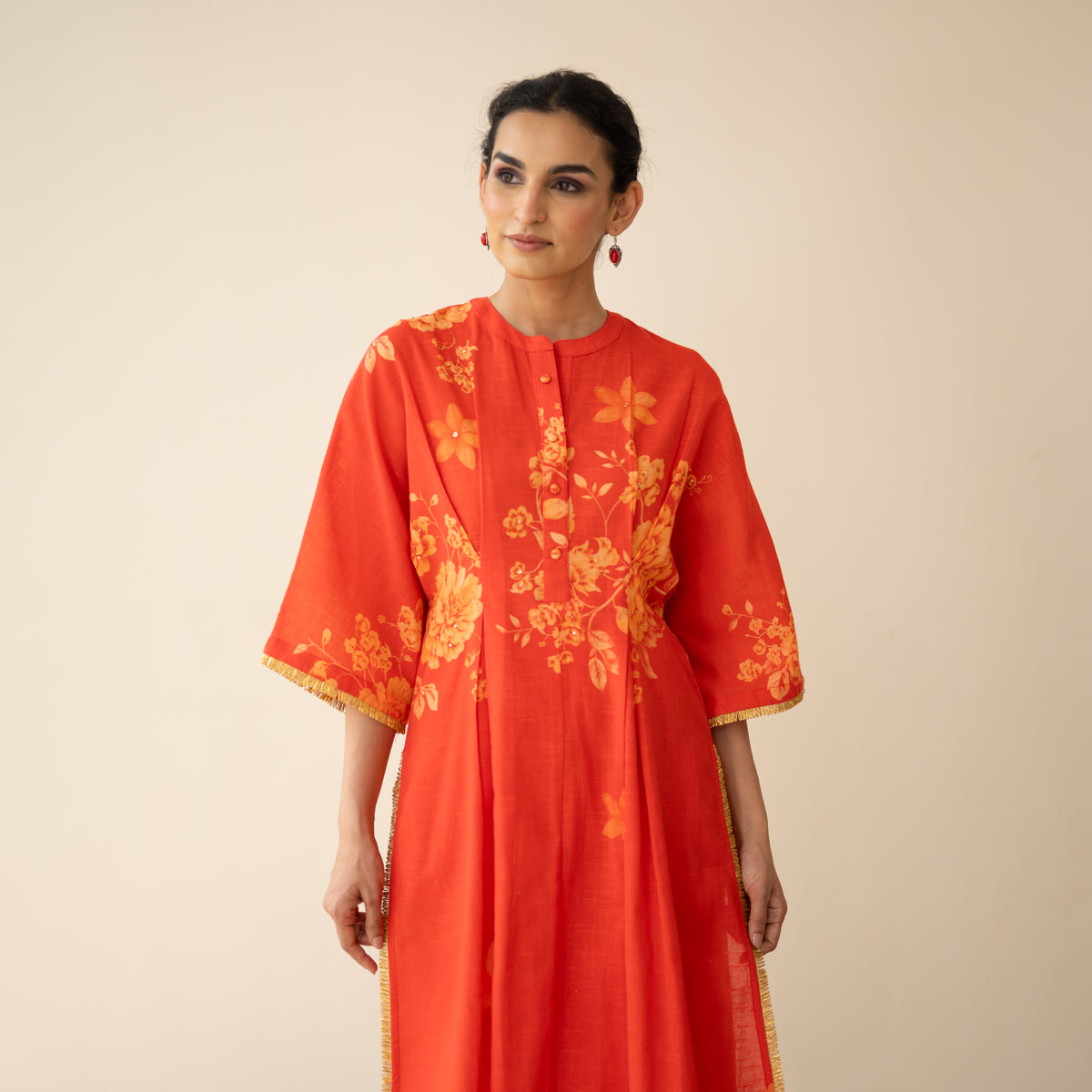 Sakura Hand Embroidered Festive Cotton Slub Kurta Set - True Red