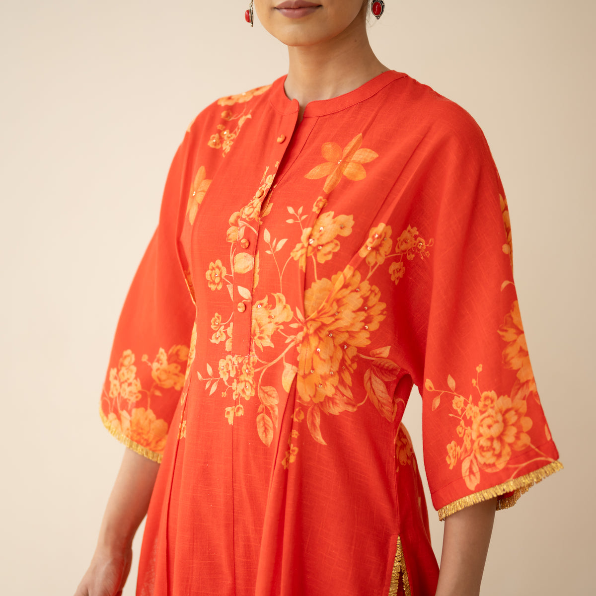Sakura Hand Embroidered Festive Cotton Slub Kurta Set - True Red