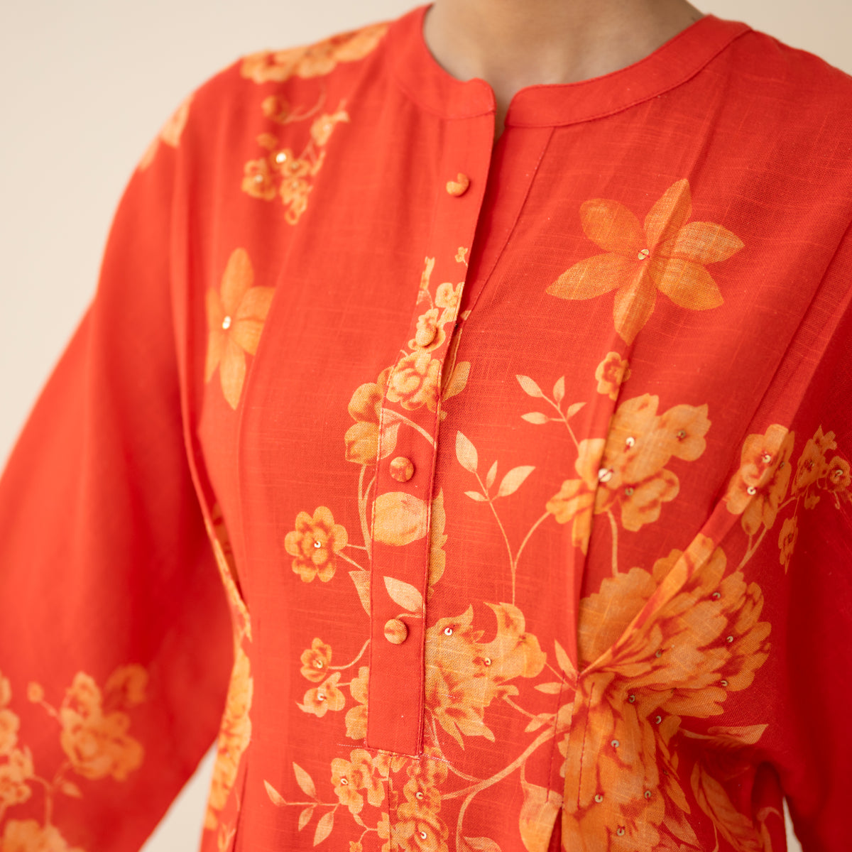 Sakura Hand Embroidered Festive Cotton Slub Kurta Set - True Red