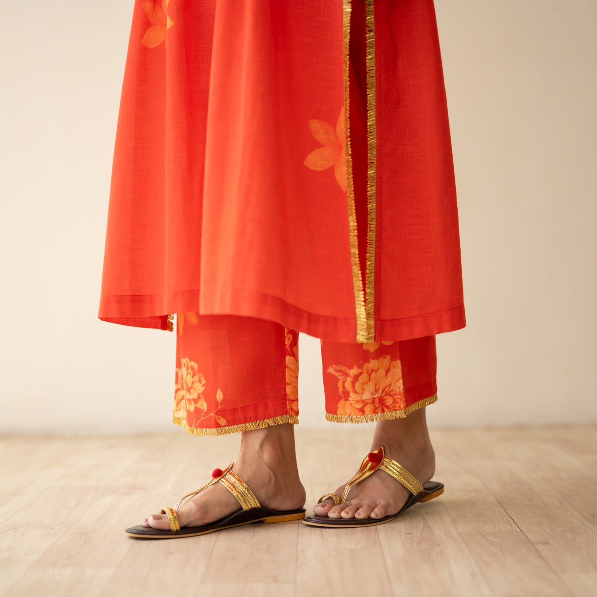 Sakura Hand Embroidered Festive Cotton Slub Kurta Set - True Red