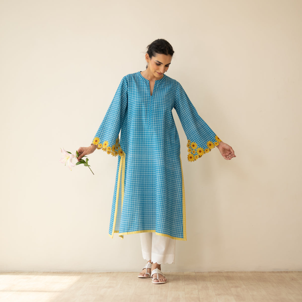 Sunflower Embroidered Linen Cotton Kurta - Dusty Blue