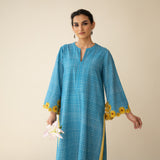 Sunflower Embroidered Linen Cotton Kurta - Dusty Blue