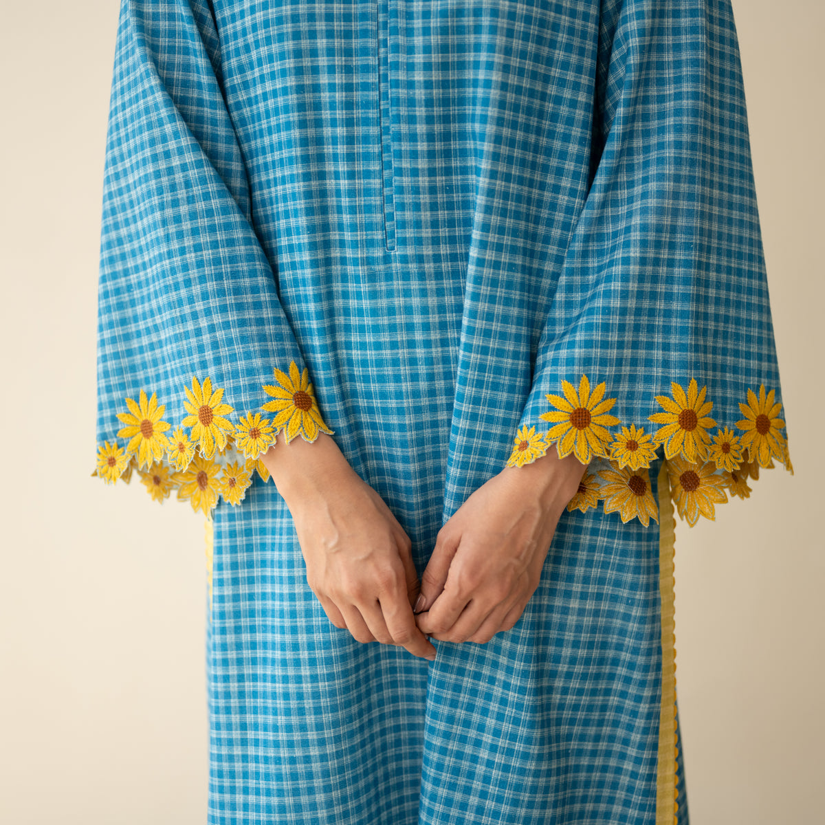 Sunflower Embroidered Linen Cotton Kurta - Dusty Blue