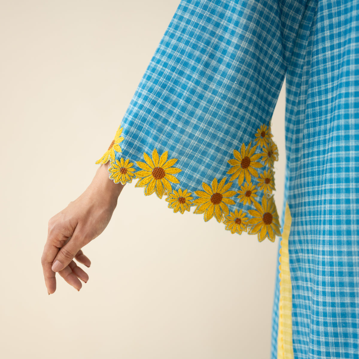 Sunflower Embroidered Linen Cotton Kurta - Dusty Blue