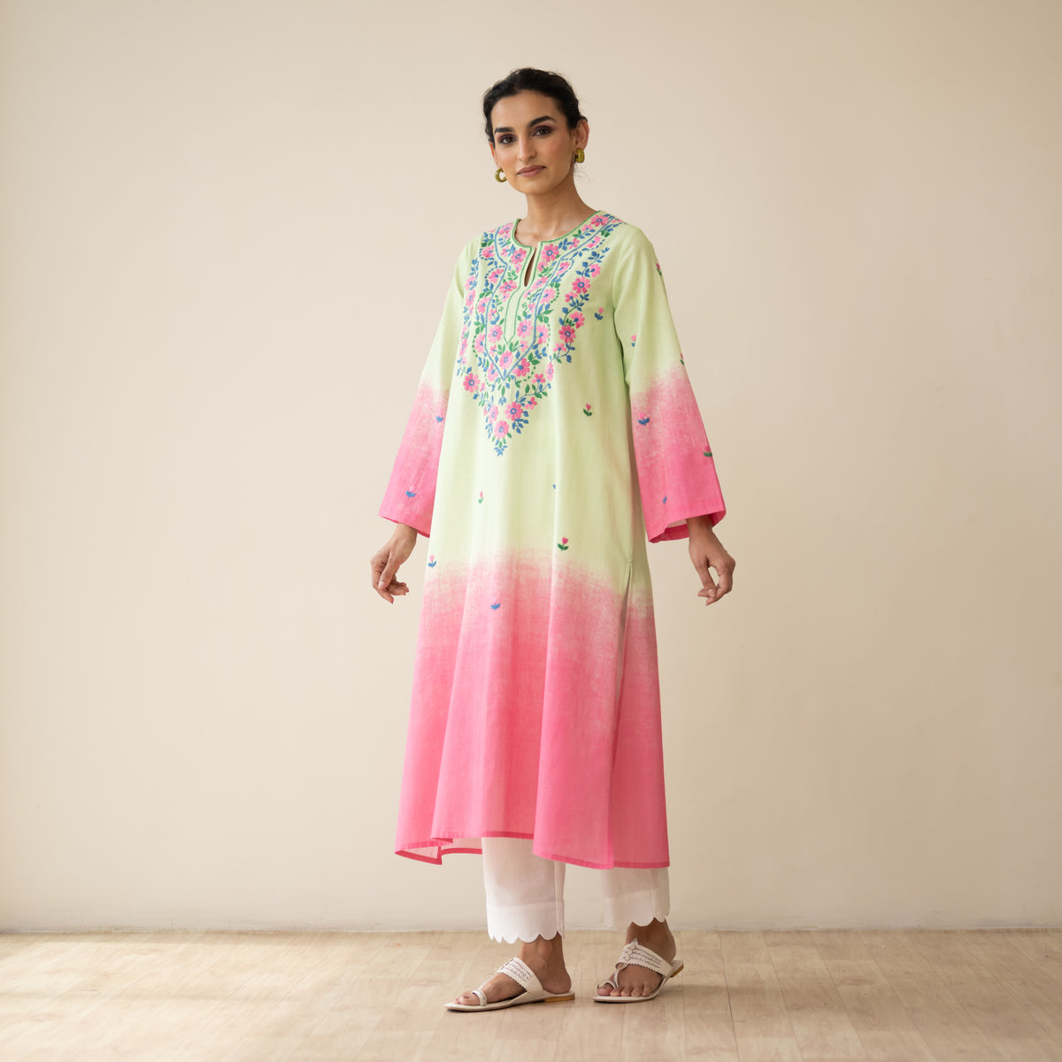 Cassata Embroidered Linen Cotton Kurta - Pista Pink