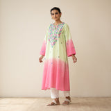 Cassata Embroidered Linen Cotton Kurta - Pista Pink