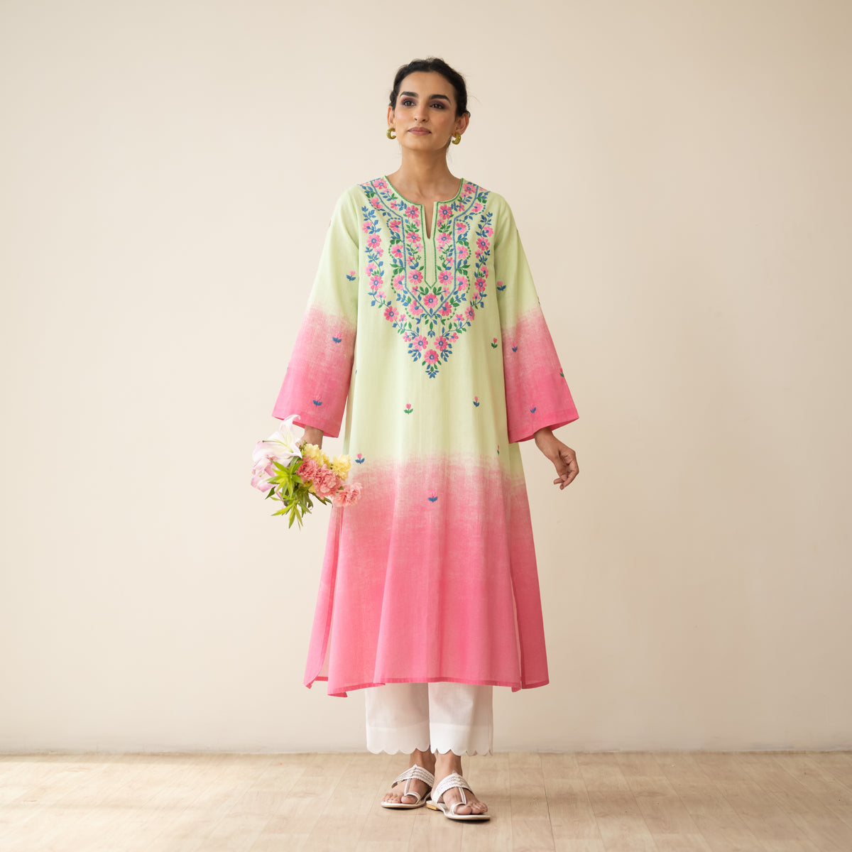 Cassata Embroidered Linen Cotton Kurta - Pista Pink