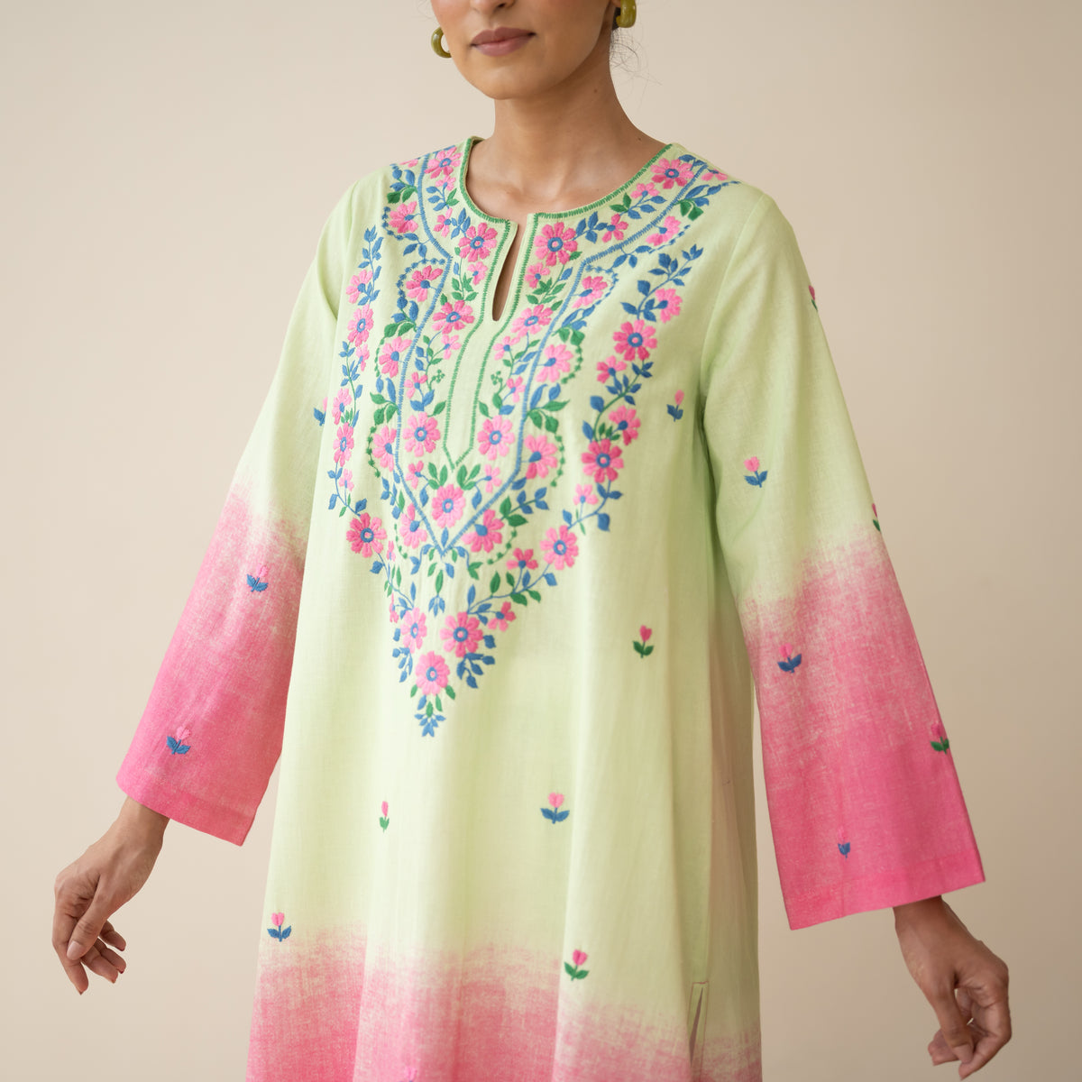 Cassata Embroidered Linen Cotton Kurta - Pista Pink