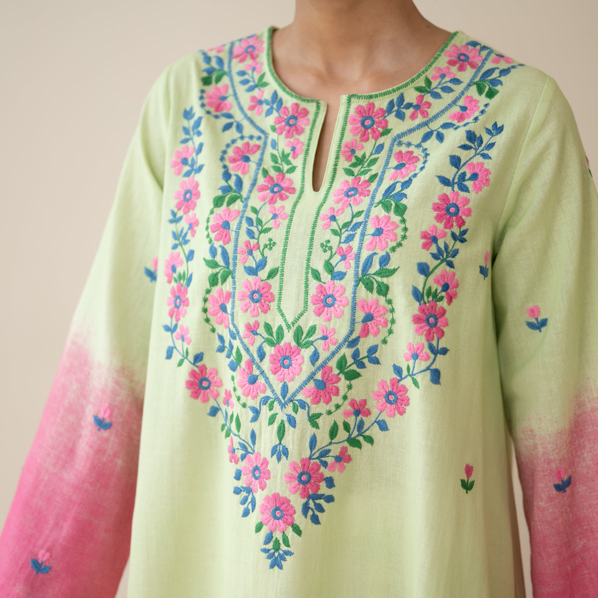 Cassata Embroidered Linen Cotton Kurta - Pista Pink