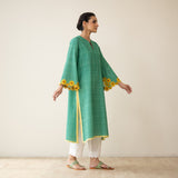 Sunflower Embroidered Linen Cotton Kurta - Green