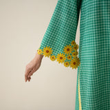 Sunflower Embroidered Linen Cotton Kurta - Green