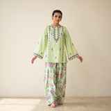Mehak Embroidered Linen Cotton Farshi Coord Set - Pista Green