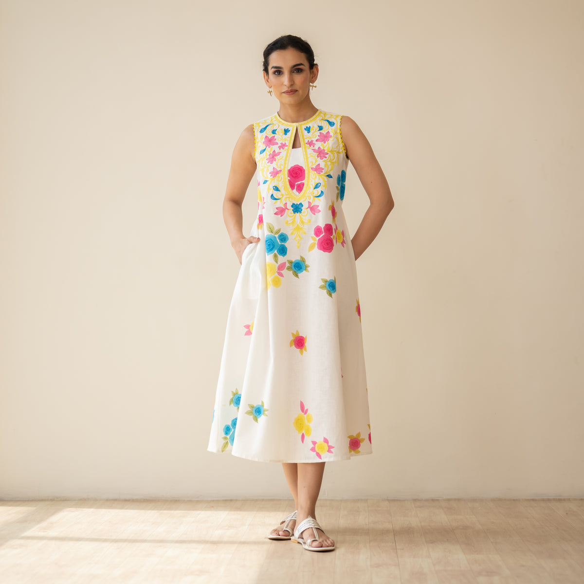 Confetti Pop Embroidered Linen Cotton Dress - Milky White
