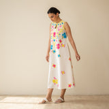 Confetti Pop Embroidered Linen Cotton Dress - Milky White