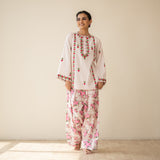 Mehak Embroidered Linen Cotton Farshi Coord Set - Milky White