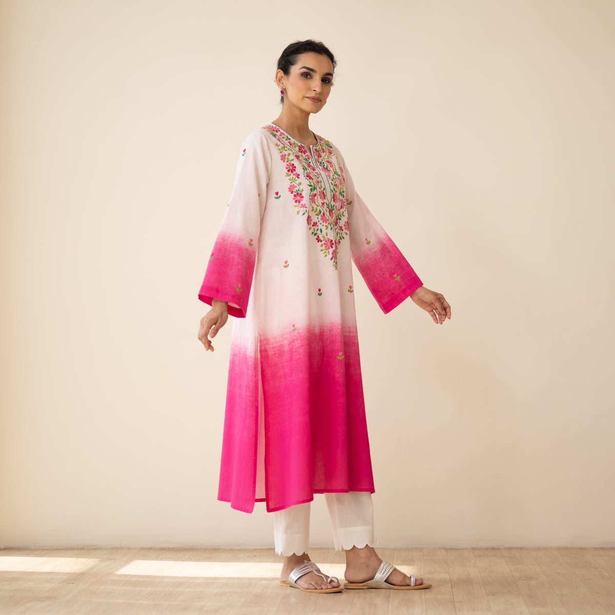 Cassata Embroidered Linen Cotton Kurta - Cherry Pink