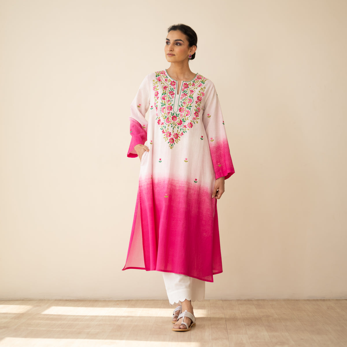 Cassata Embroidered Linen Cotton Kurta - Cherry Pink
