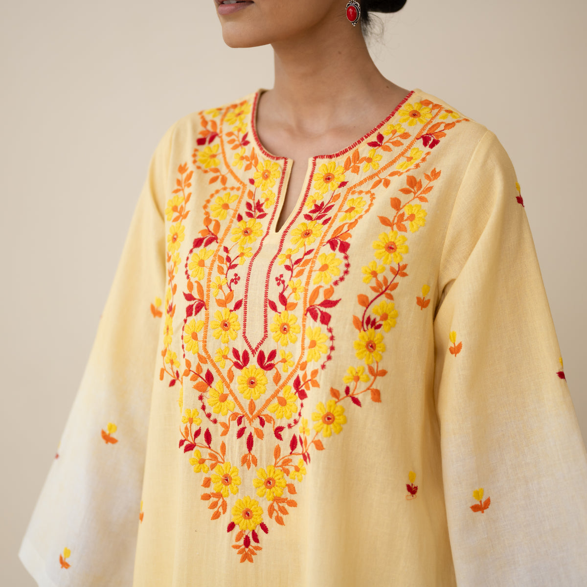Cassata Embroidered Linen Cotton Kurta - Mango Yellow