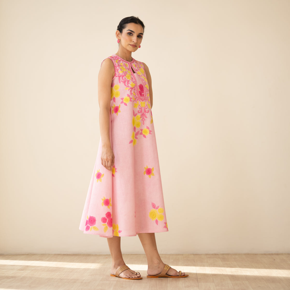 Confetti Pop Embroidered Linen Cotton Dress - Baby Pink