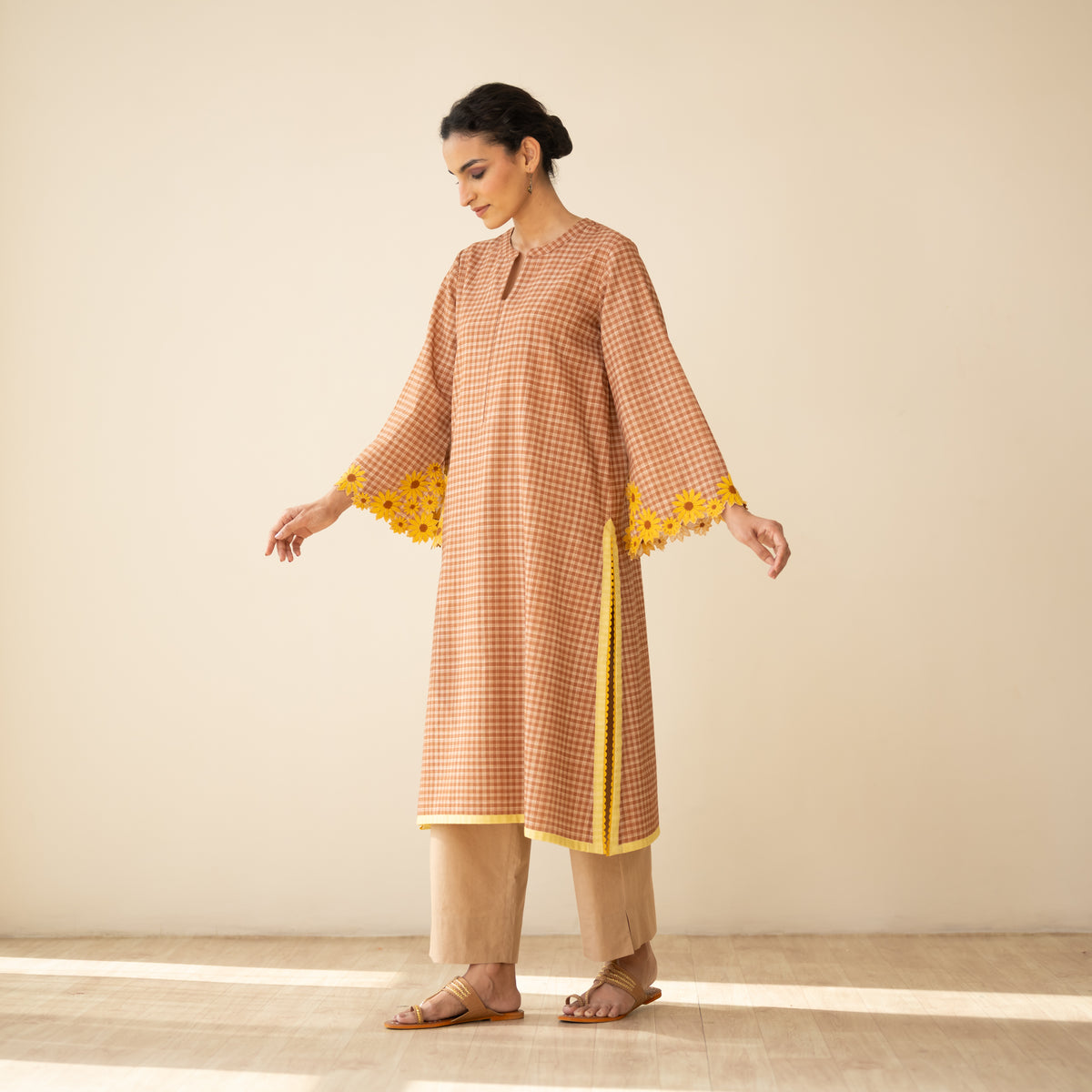 Sunflower Embroidered Linen Cotton Kurta - Hazelnut Brown